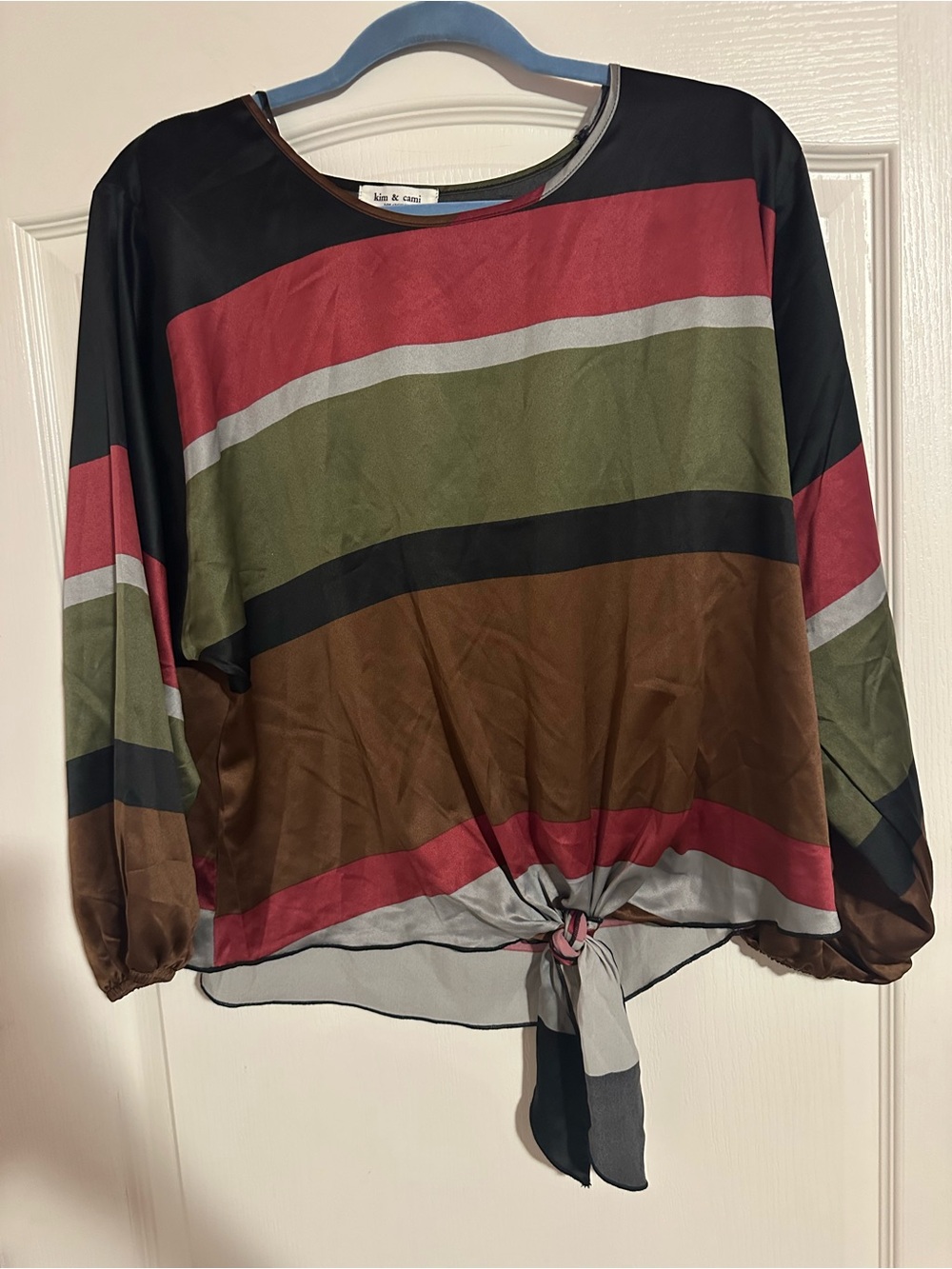 Kim & Cami Color Block Stripe Satin Tie Front Blouse Balloon Sleeve Size M
